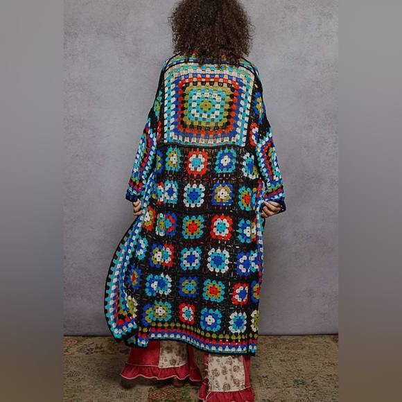 POL Boho Crochet Cardigan Turquoise & Black Granny Square Sweater - Picture 2 of 8